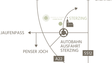 Karte mit Anfahrtsbeschreibung zur Autobahnausfahrt Sterzing, inklusive der umliegenden Straßen.